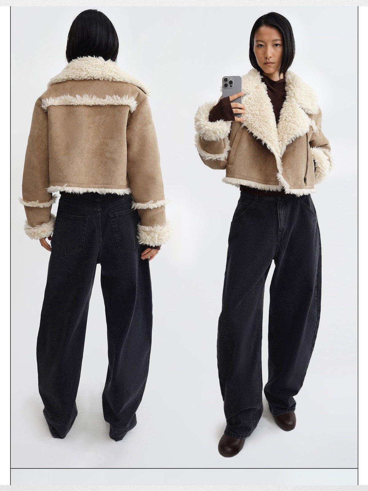 RARELY ALIKE Cropped Faux Shearling Moto Jacket in Khaki - On Model