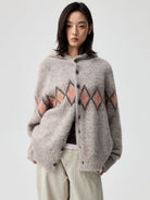 Simple Project Offset Argyle Hooded Cardigan in Beige - On Female Model