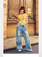 BeerBro Distressed Dirty Wash Relaxed Jeans in Blue - On Model