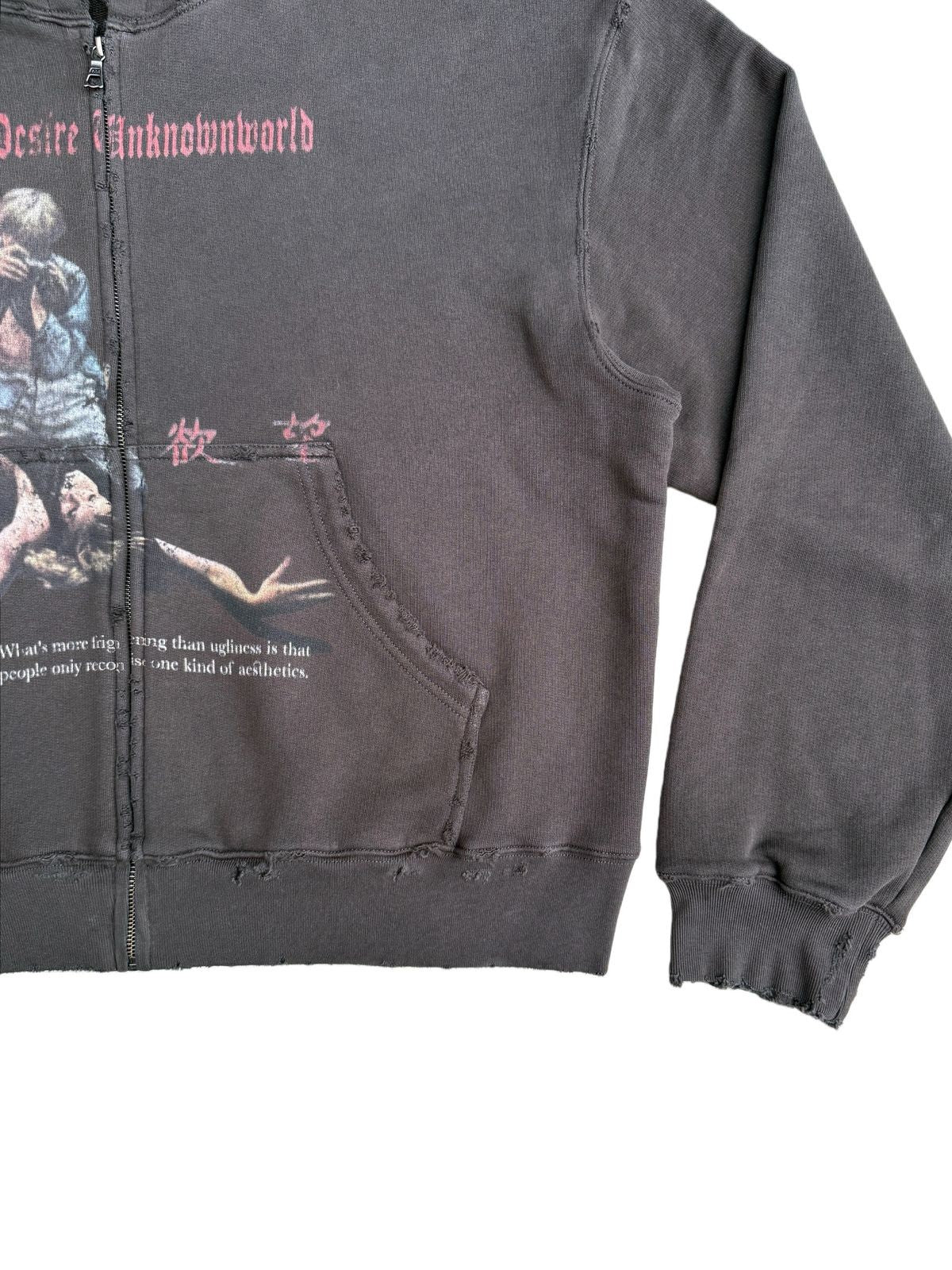 UNKNOWNWORLD Distressed Graphic Zip Up Hoodie in Gray - Detail