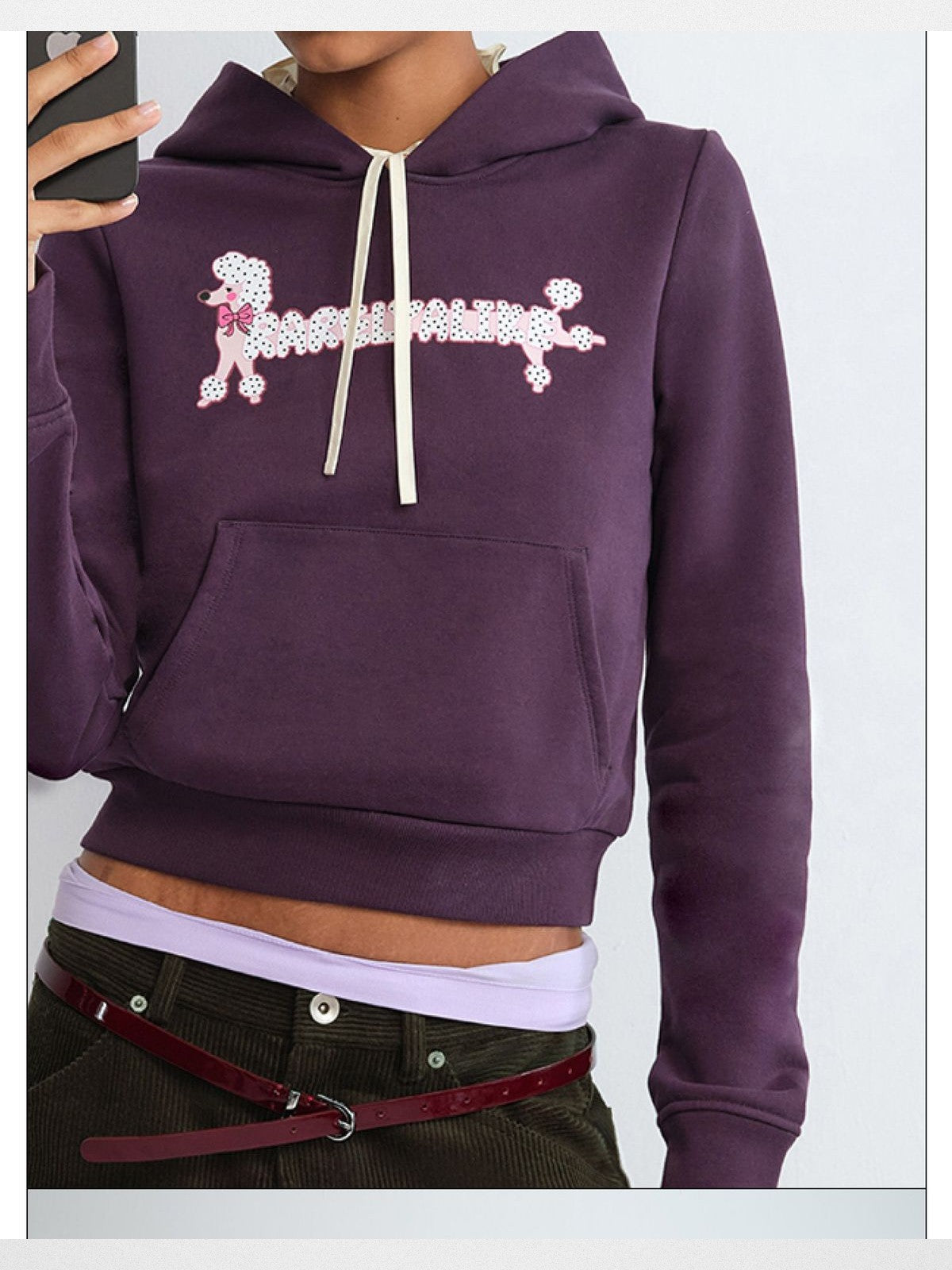 RARELY ALIKE Polka Dot Puppy Print Cropped Hoodie in Purple - On Model
