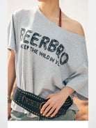 BeerBro Oversized Off Shoulder Graphic Tee in Heather Gray - On Model