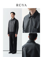 ROYA Calfskin Leather Zip Jacket in Black - On Model