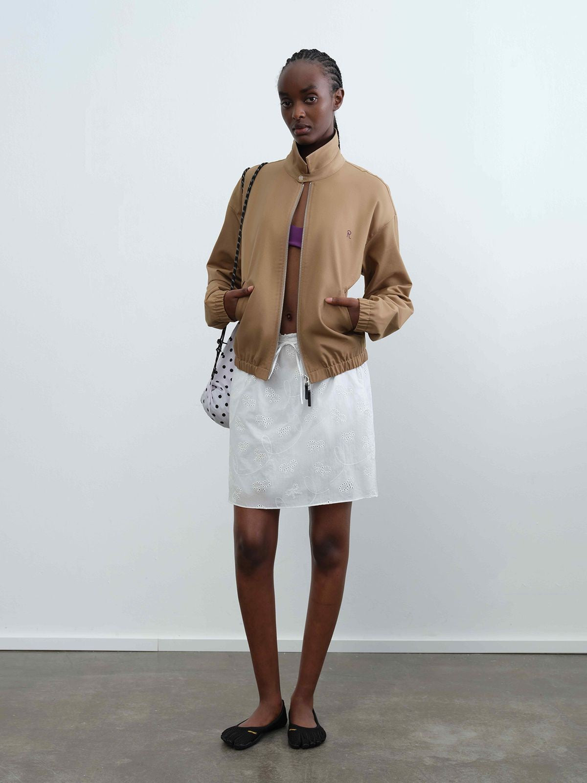 RARELY ALIKE Zip Front Workwear Jacket in Beige - On Model