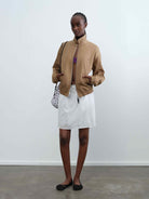 RARELY ALIKE Zip Front Workwear Jacket in Beige - On Model