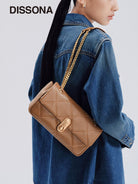DISSONA Quilted Leather Chain Shoulder Bag in Beige - On Female Model