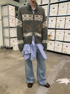 NeverSeez Fair Isle Dog Zip Up Cardigan in Gray - On Male Model