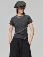 Simple Project Spiral Contrast Stitch Ribbed Tee in Gray - On Model