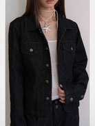 THELIGHT OFFICIAL Textured Cropped Denim Jacket in Black - On Model