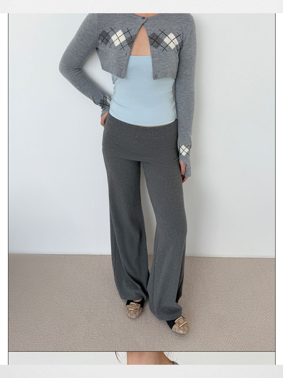 RARELY ALIKE Argyle Cardigan Camisole Set in Gray - On Model