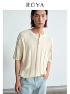 ROYA Linen Cotton Jacquard Henley in Cream - On Model