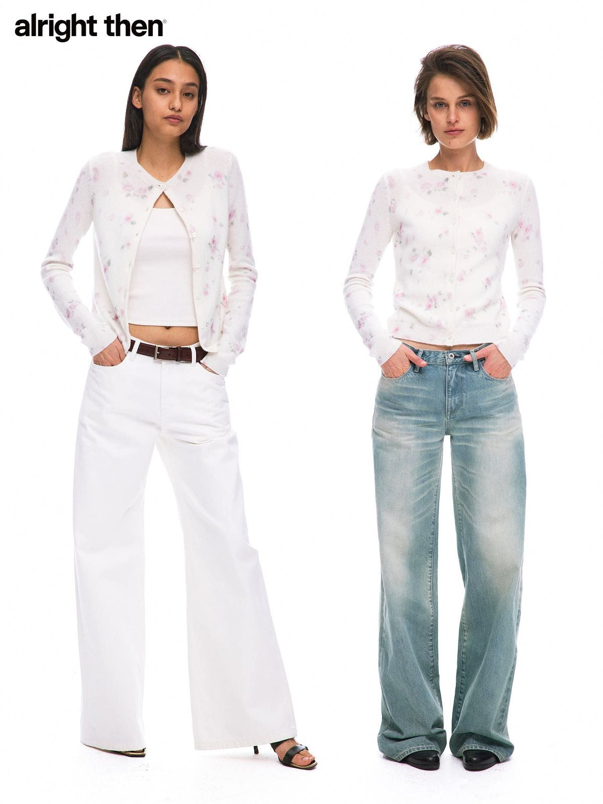 Alright then Watercolor Floral Wool Cardigan in White - On Model