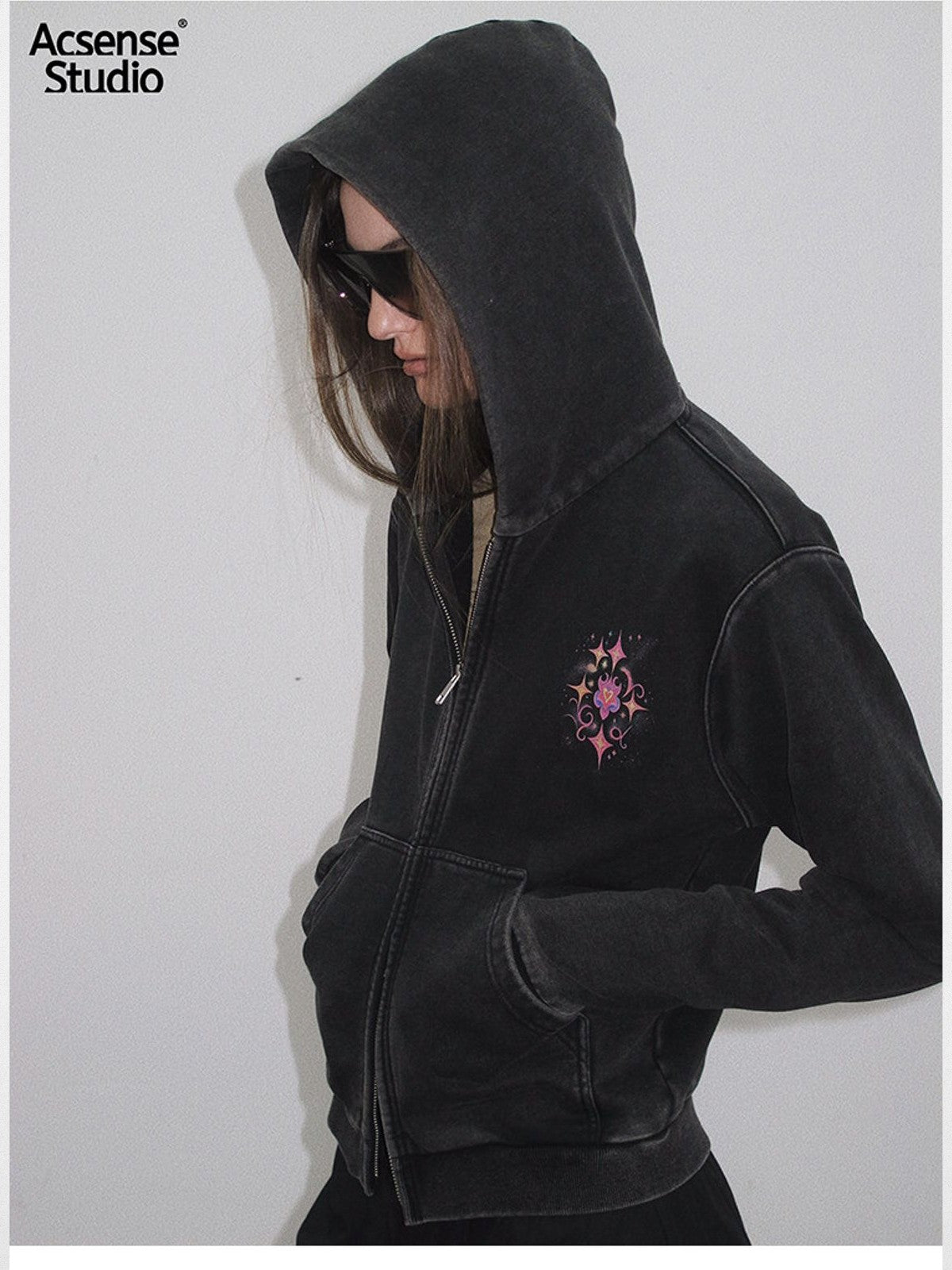 ACSENSE STUDIO Rhinestone Logo Zip Up Hoodie in Black - On Model
