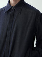 ROYA Silk Blend Denim Style Blouson in Blue - On Model