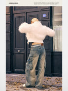 BeerBro Shaggy Faux Fur Cropped Jacket in White - On Model