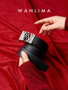 WANLIMA Cowhide Leather Metal Buckle Belt in Black - On Female Model