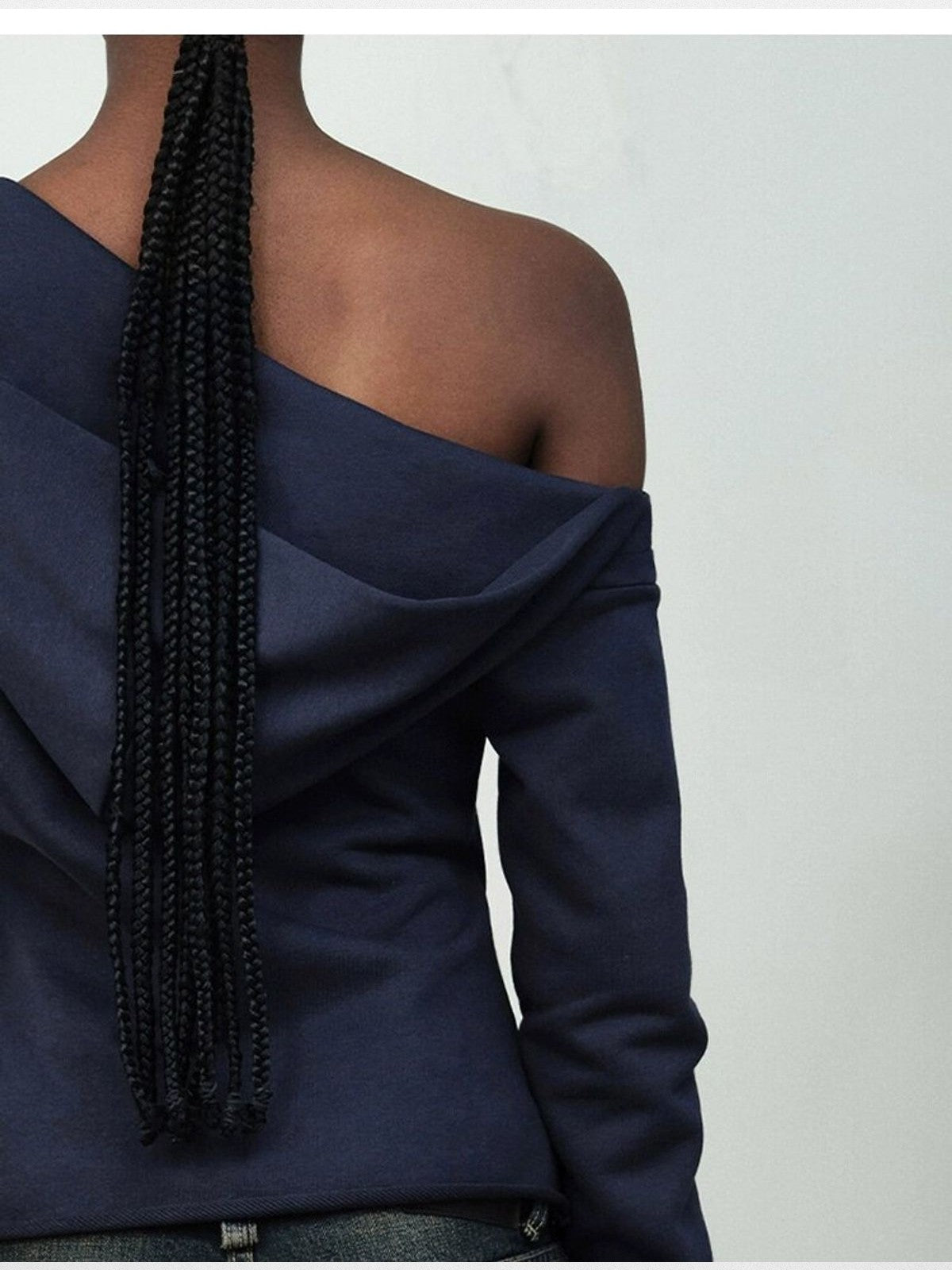 RARELY ALIKE Asymmetric Zip Off Shoulder Sweatshirt in Navy Blue - On Model