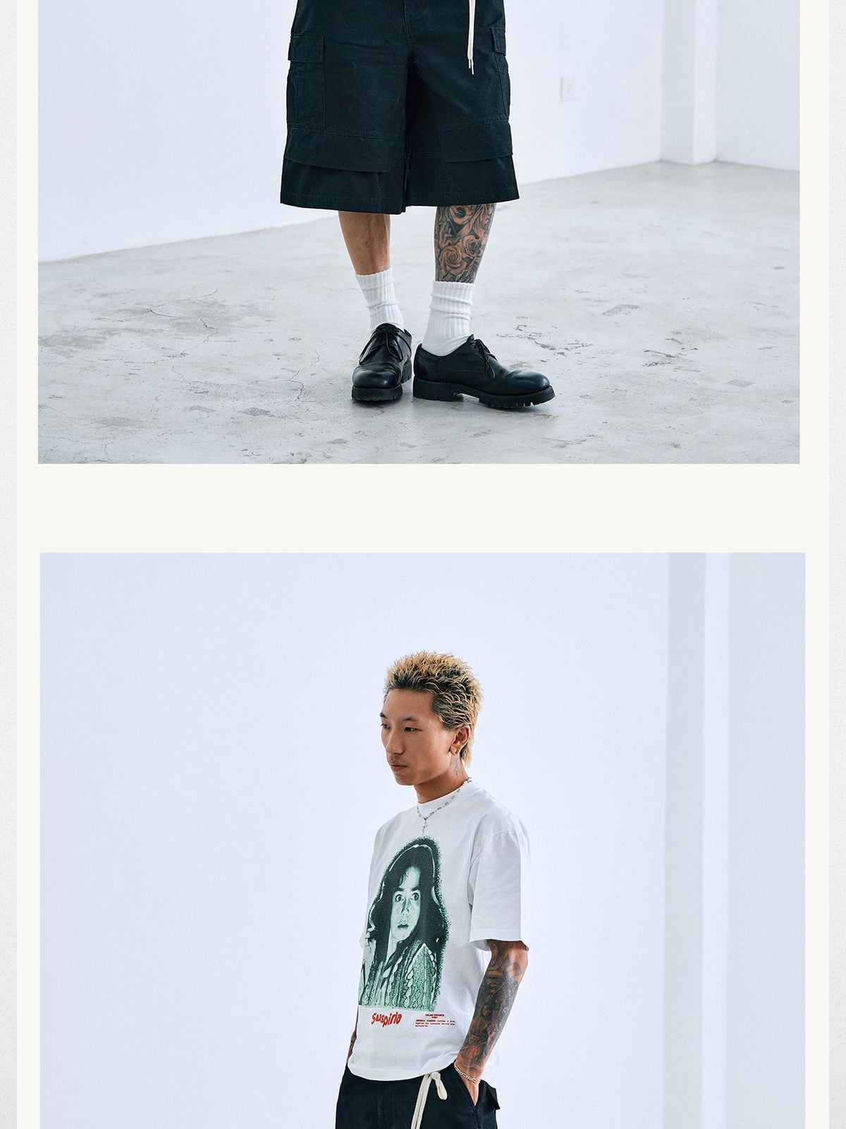 SWFI Distressed Wide Leg Cargo Shorts in Black - On Model