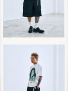 SWFI Distressed Wide Leg Cargo Shorts in Black - On Model