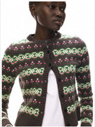 alright then 100 Wool Jacquard Cardigan in Brown - On Model
