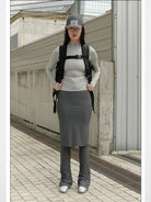 RARELY ALIKE Skirted Micro Flare Trousers in Dark Gray - On Model
