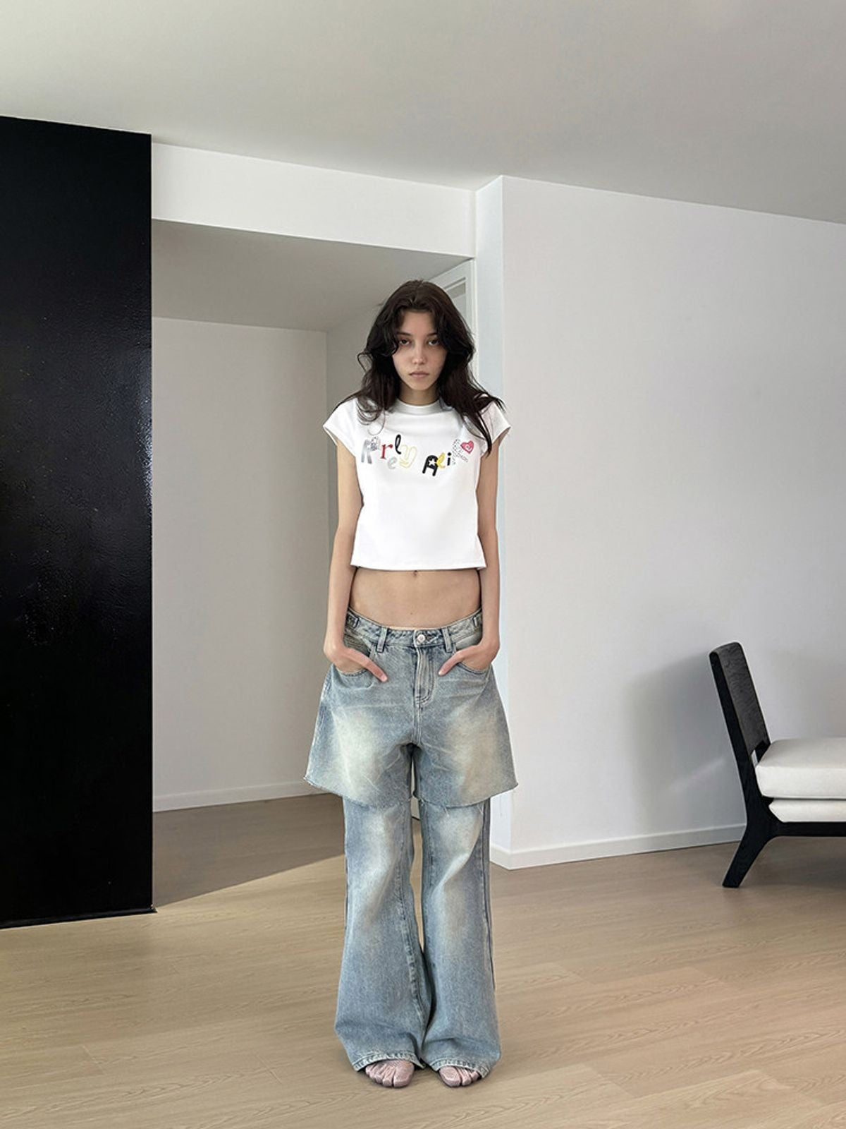 RARELY ALIKE Rhinestone Graphic T Shirt in White - On Model