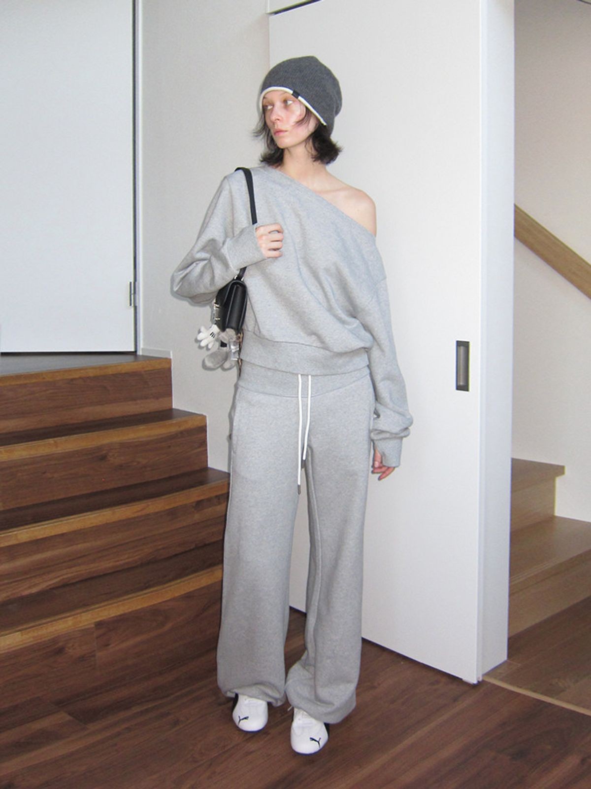 RARELY ALIKE Wide Waistband Flared Sweatpants in Gray - On Model