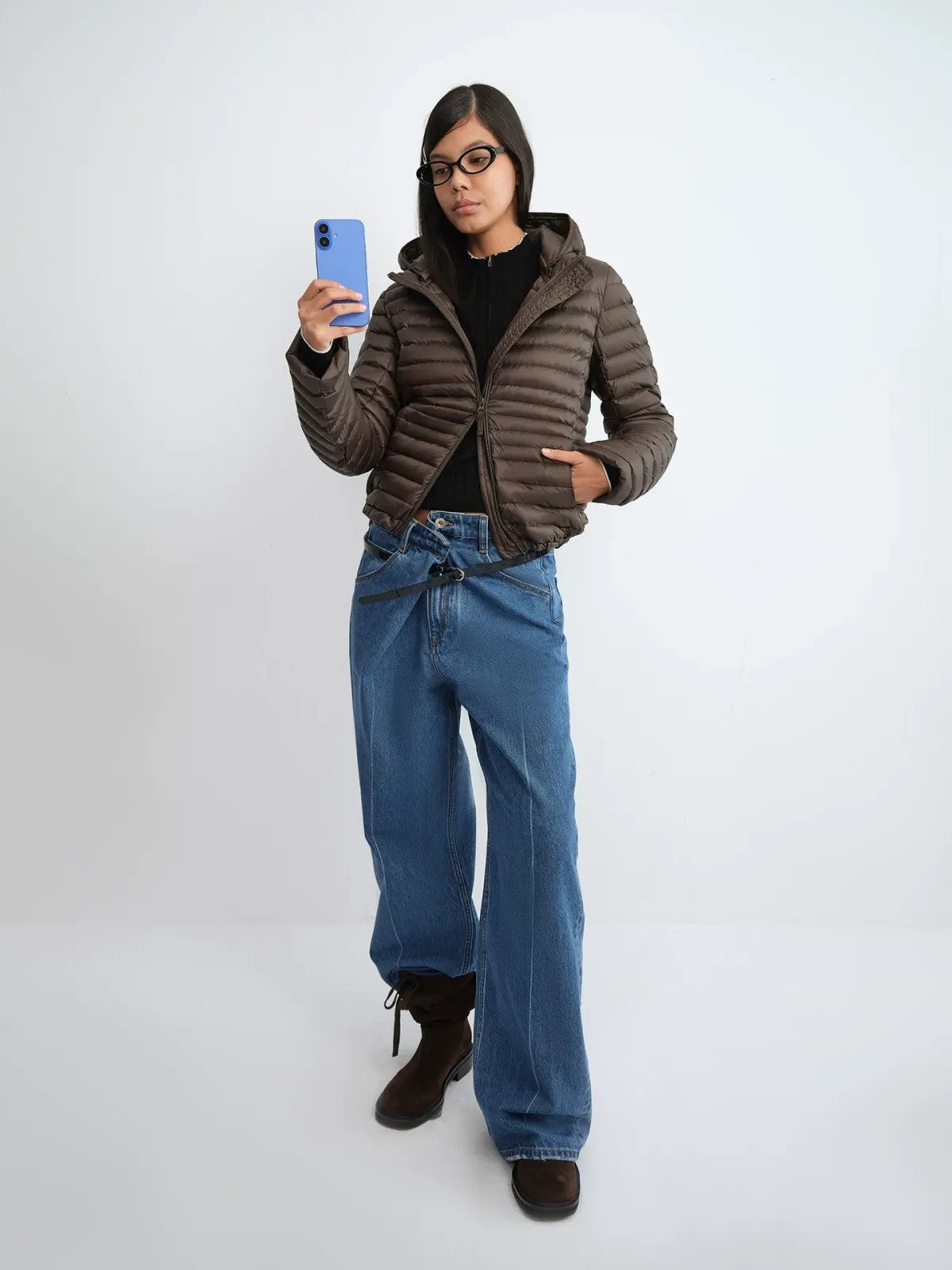 RARELY ALIKE Detachable Hood Down Puffer in Brown - On Model