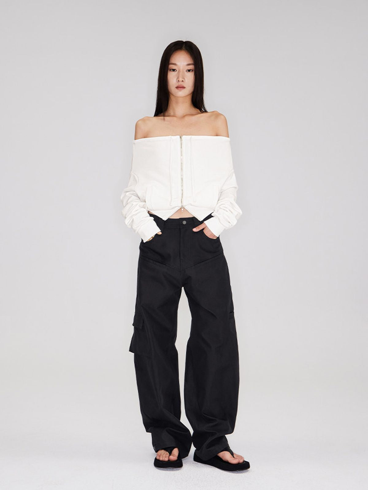 RARELY ALIKE Two Way Off Shoulder Zip Hoodie in White - On Model