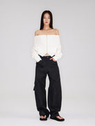 RARELY ALIKE Two Way Off Shoulder Zip Hoodie in White - On Model