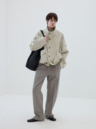 Simple Project Cotton Nylon Stand Collar Jacket in White - On Model