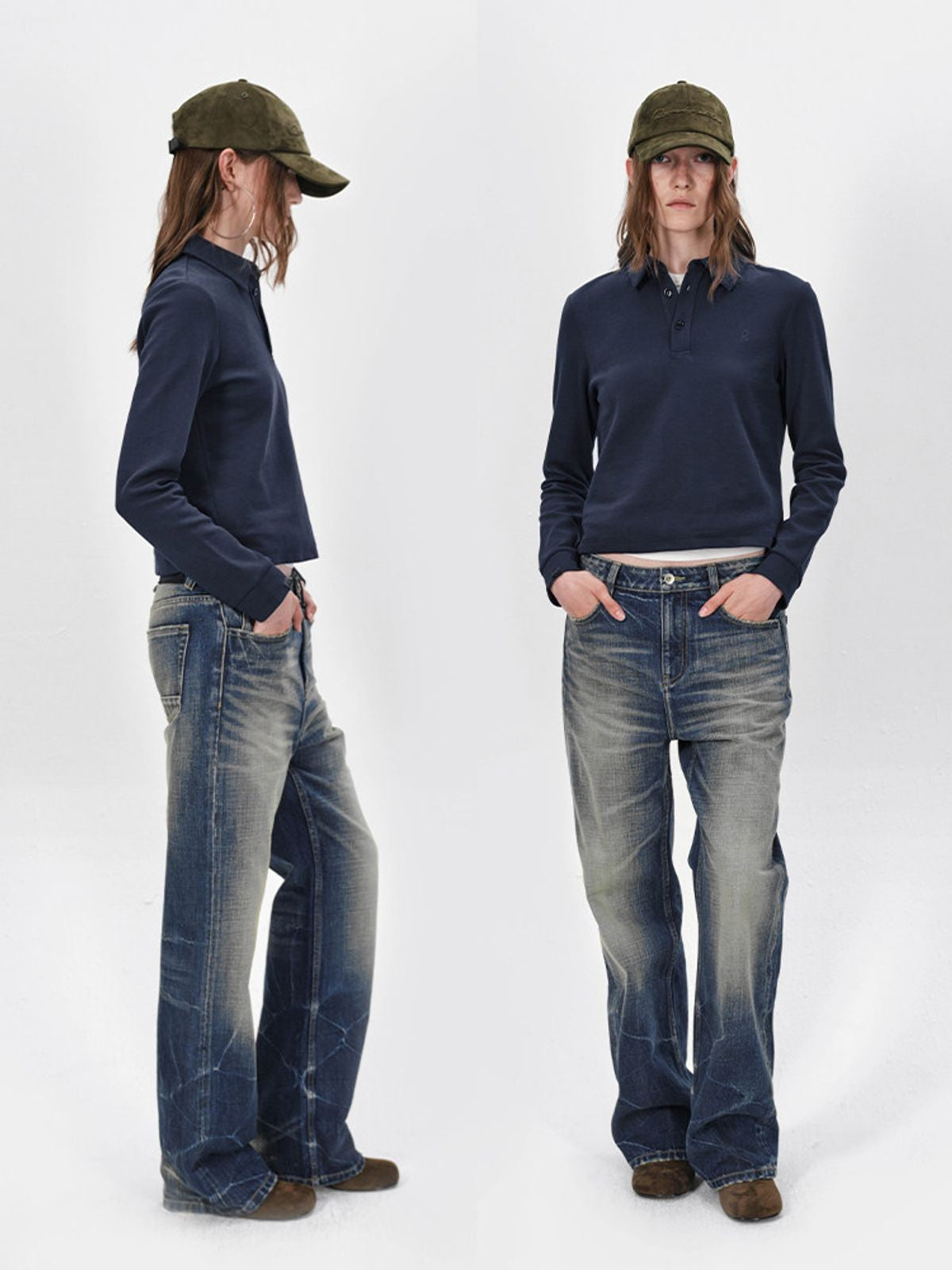 RARELY ALIKE Side Slit Long Sleeve Polo in Navy Blue - On Model