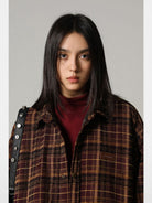 MasonPrince Padded Fine Plaid Shirt Jacket in Burgundy - On Female Model