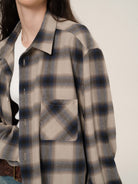 Retro 21 Japanese Flannel Raw Hem Plaid Shirt in Khaki - On Female Model