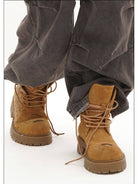 MasonPrince Washed Suede Platform Work Boots in Beige - On Female Model