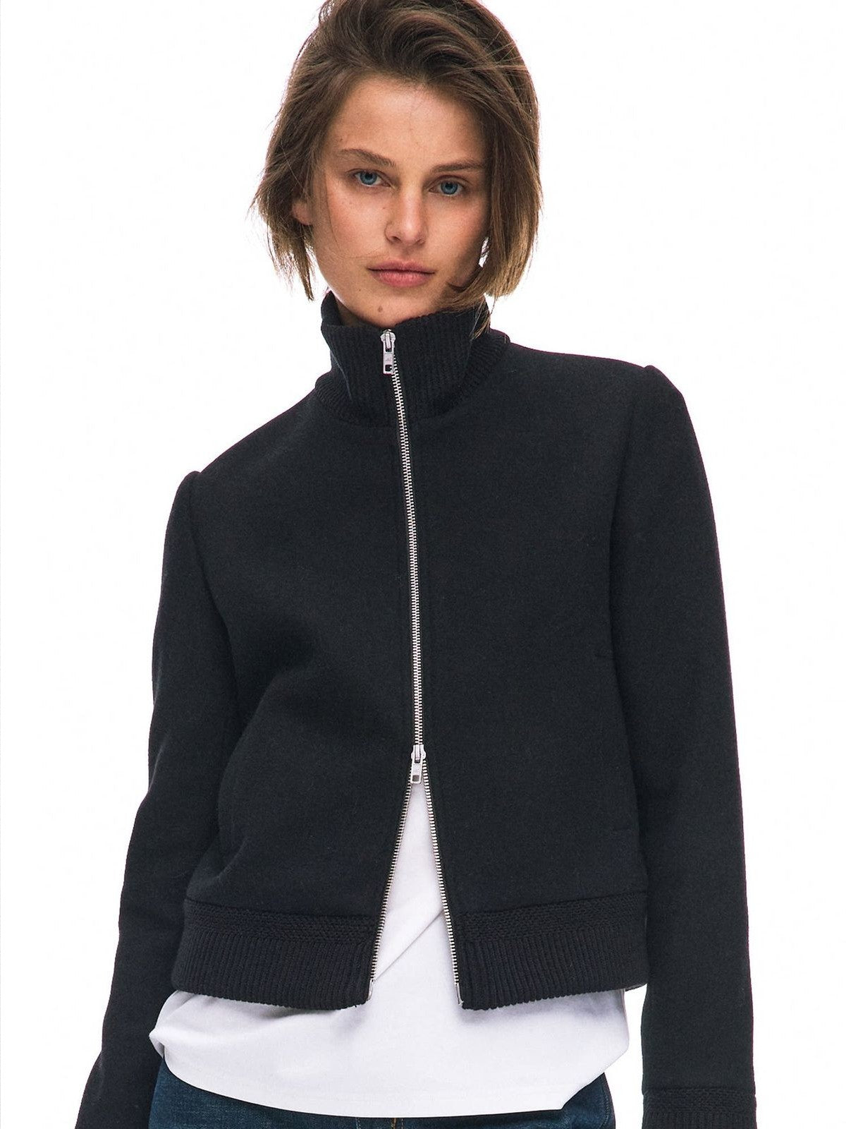 Alright then Lamb Wool Blend Double Zip Jacket in Black - On Model