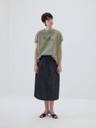 Simple Project Garment Dyed Slogan T Shirt in Olive - On Female Model