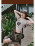 BeerBro Vinyl Print Cropped Baby Tee in Beige