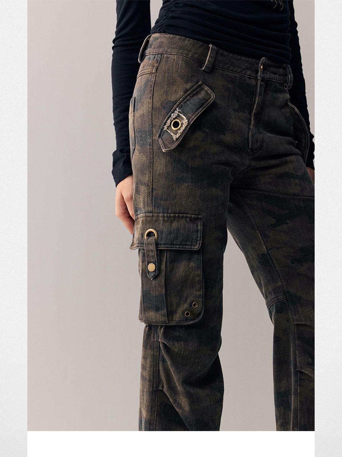 Beer Bro Washed Camo Micro Flare Cargo Pants in Brown - On Model