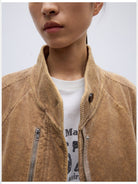 RandomPiece Distressed Corduroy Raglan Jacket in Beige - Detail