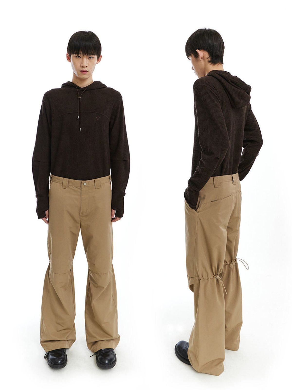 NeverSeez Spliced Micro Flare Trousers in Khaki - On Model