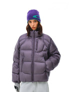 FPA Stand Collar Goose Down Puffer in Purple - On Female Model