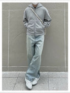 VLABMADE Boxy Cropped Zip Up Hoodie in Gray - On Male Model