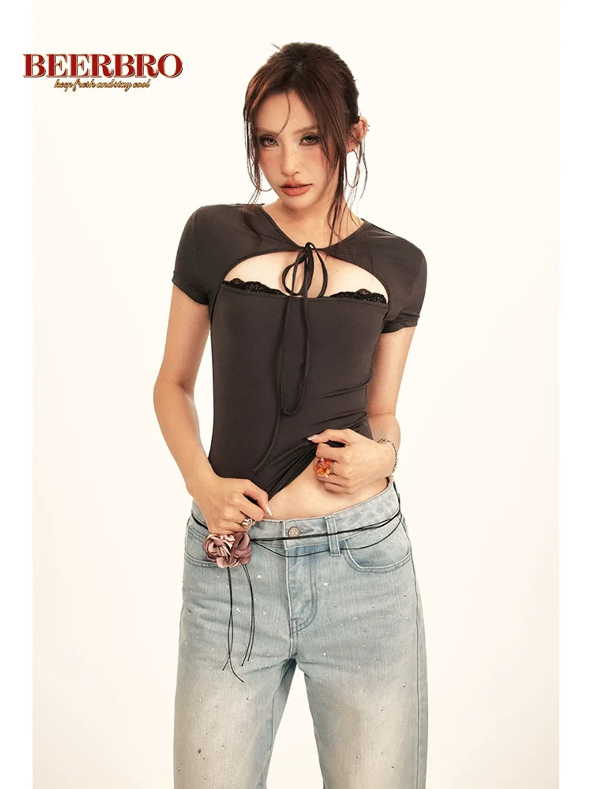 BeerBro Lace Trim Cutout Baby Tee in Gray