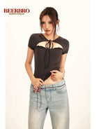 BeerBro Lace Trim Cutout Baby Tee in Gray