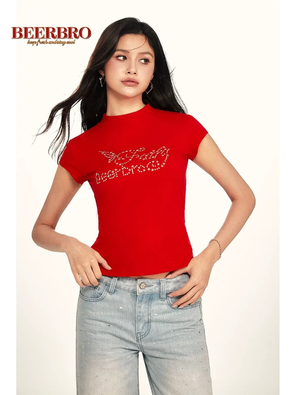 BeerBro Studded Graphic Mock Neck Tee in Red - On Model