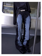 TRIANGLE PROJECT Deconstructed Patchwork Micro Flare Jeans in Black - On Model