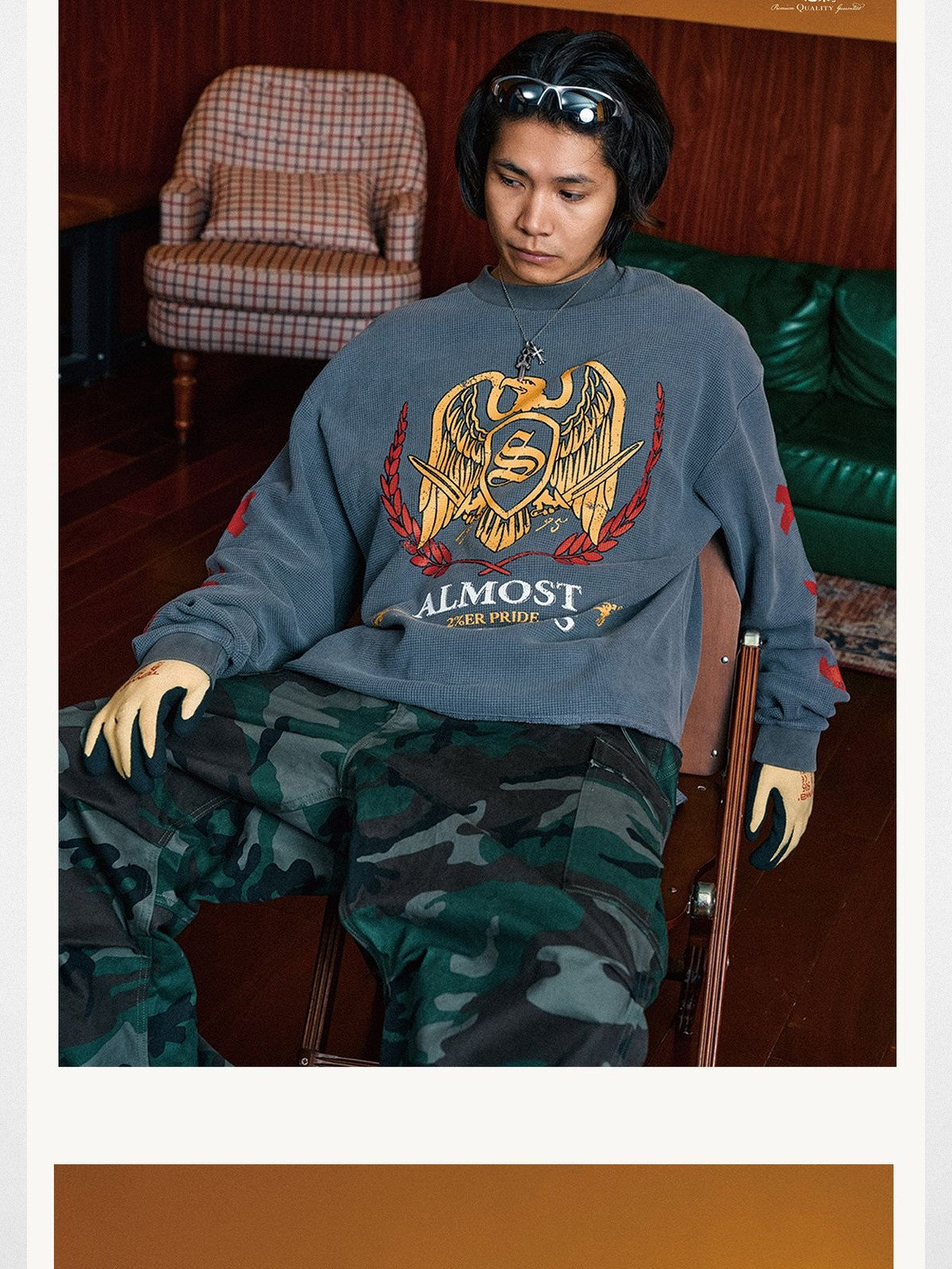 SWFI Distressed Graphic Waffle Long Sleeve in Gray - On Model