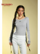 BeerBro Ribbed Embroidered Long Sleeve Top in Gray - On Model