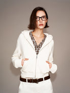 PUKI Cropped Cotton Blend Zip Hoodie in Cream - On Model
